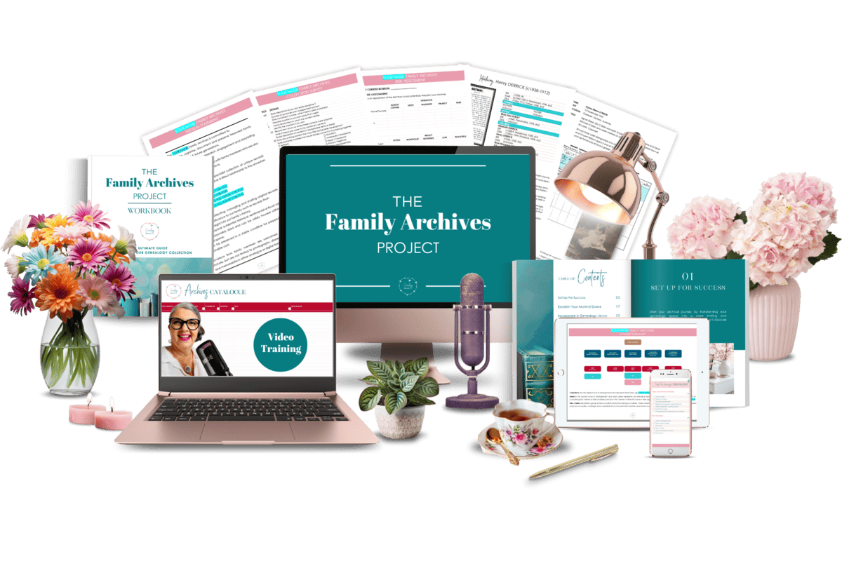 A collection of digital and printed materials titled "The Family Archives Project," including a laptop, microphone, flowers, and office supplies.